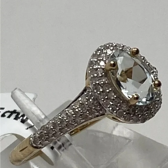 10K Yellow Gold Natural Aquamarine and 0.35ct twt Diamond Ring Size 7 New March